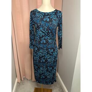 EUC Talbots Paisley Faux Wrap Jersey Knit Dress Sz Small Black Blue Stretchy